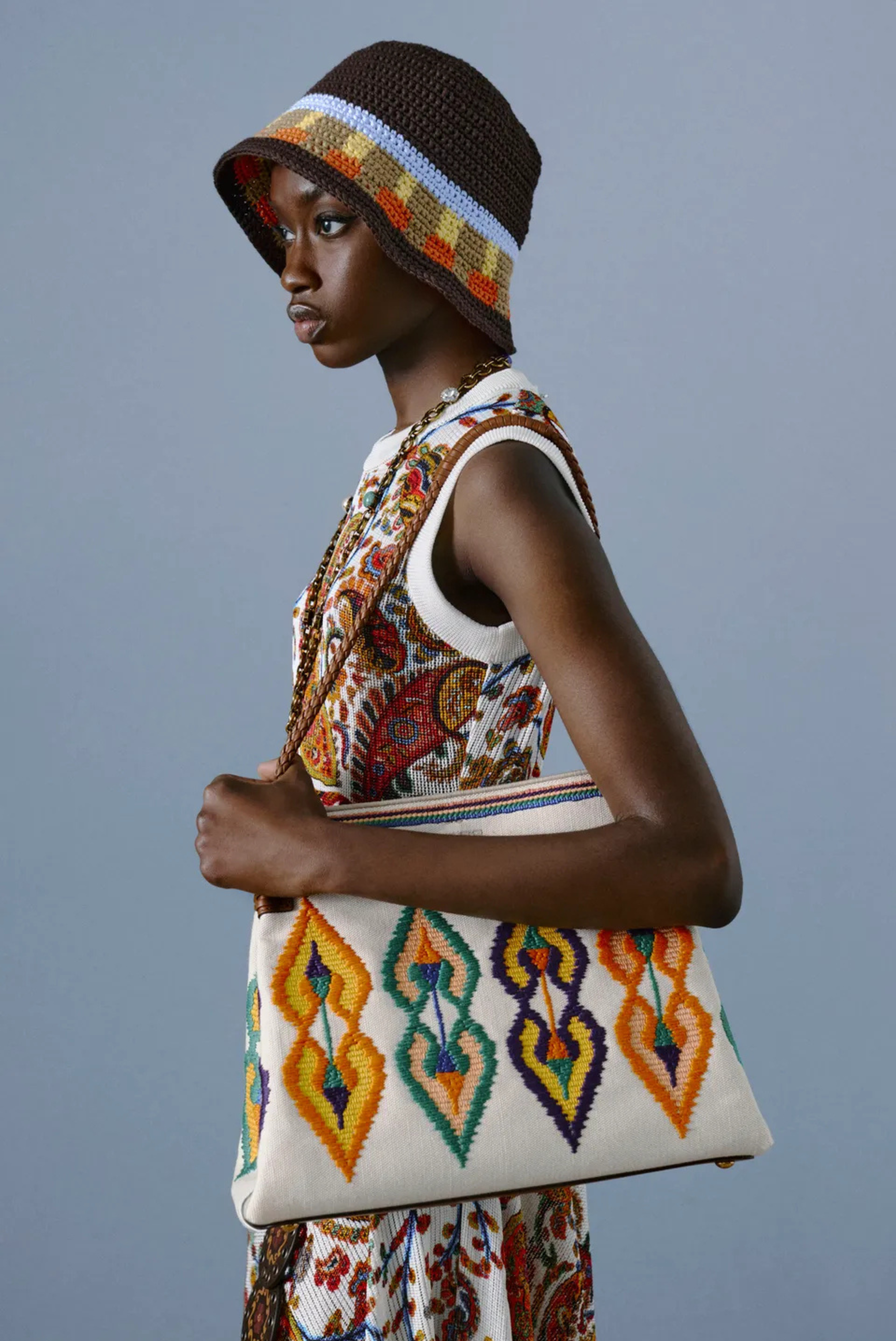 Etro Maxi Handkerchief Knit Dress with Fringes Multicolor 