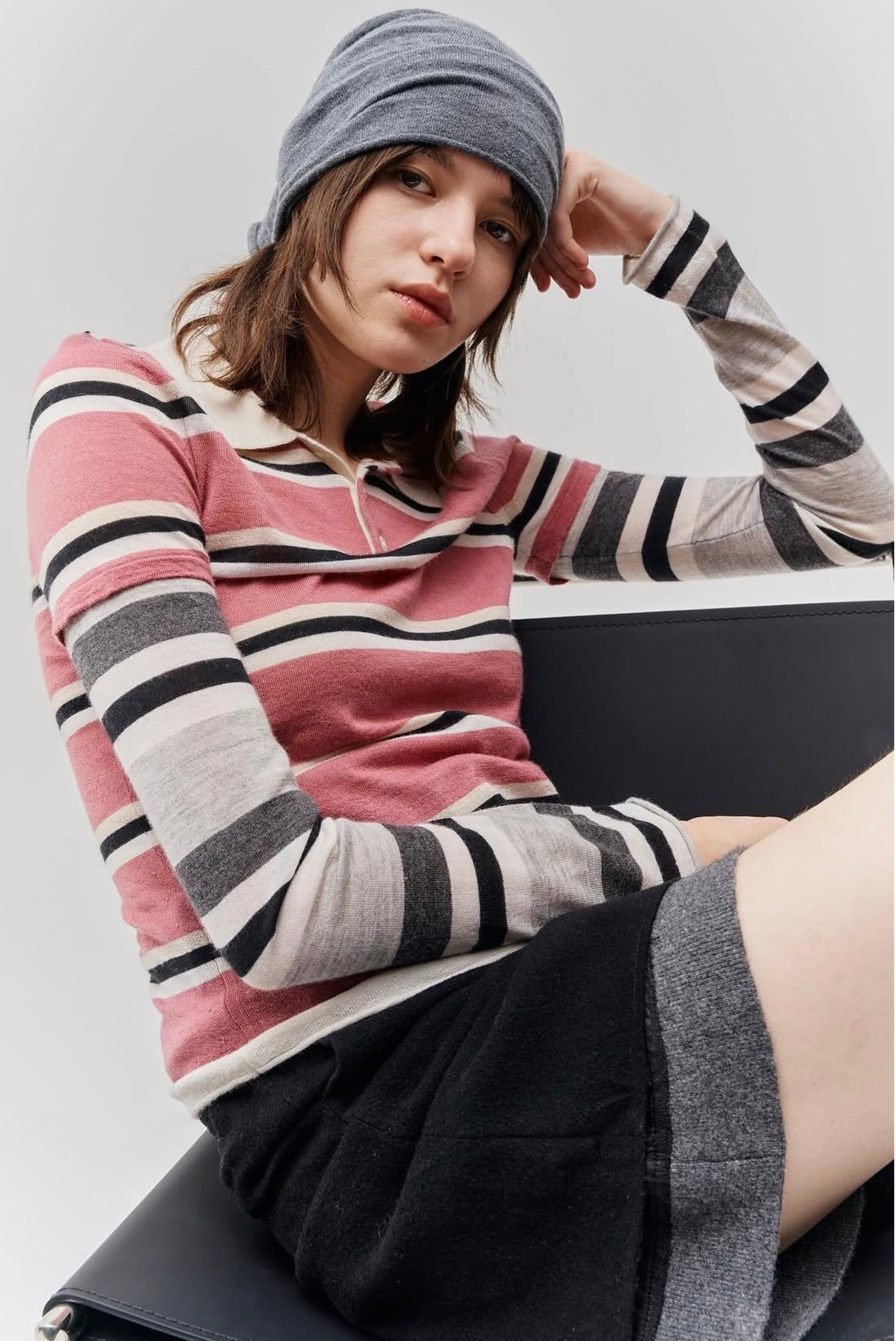 Striped Long-Sleeve Cashmere Polo Dirty Pink