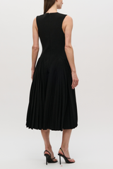 The Beatrice Pleated V-Neck Midi Dress Black