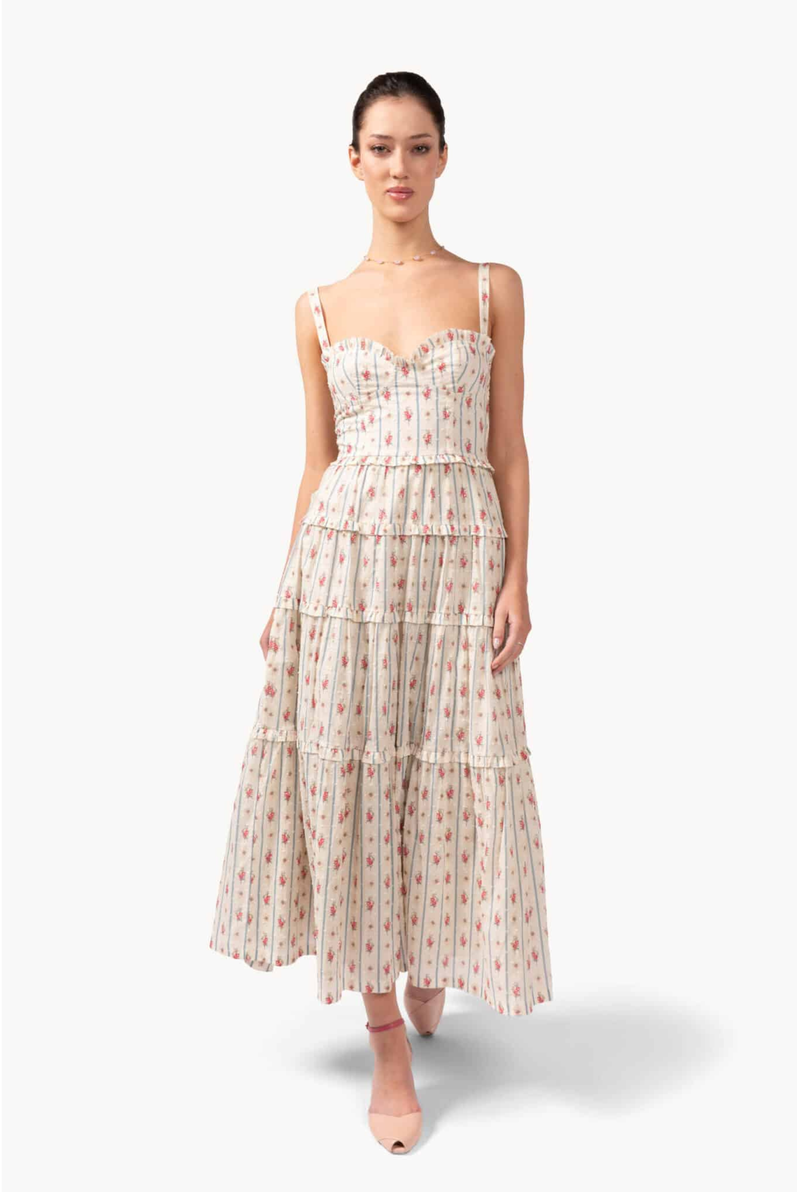 Luisa Beccaria Floral And Striped Cotton Plumetis Dress
