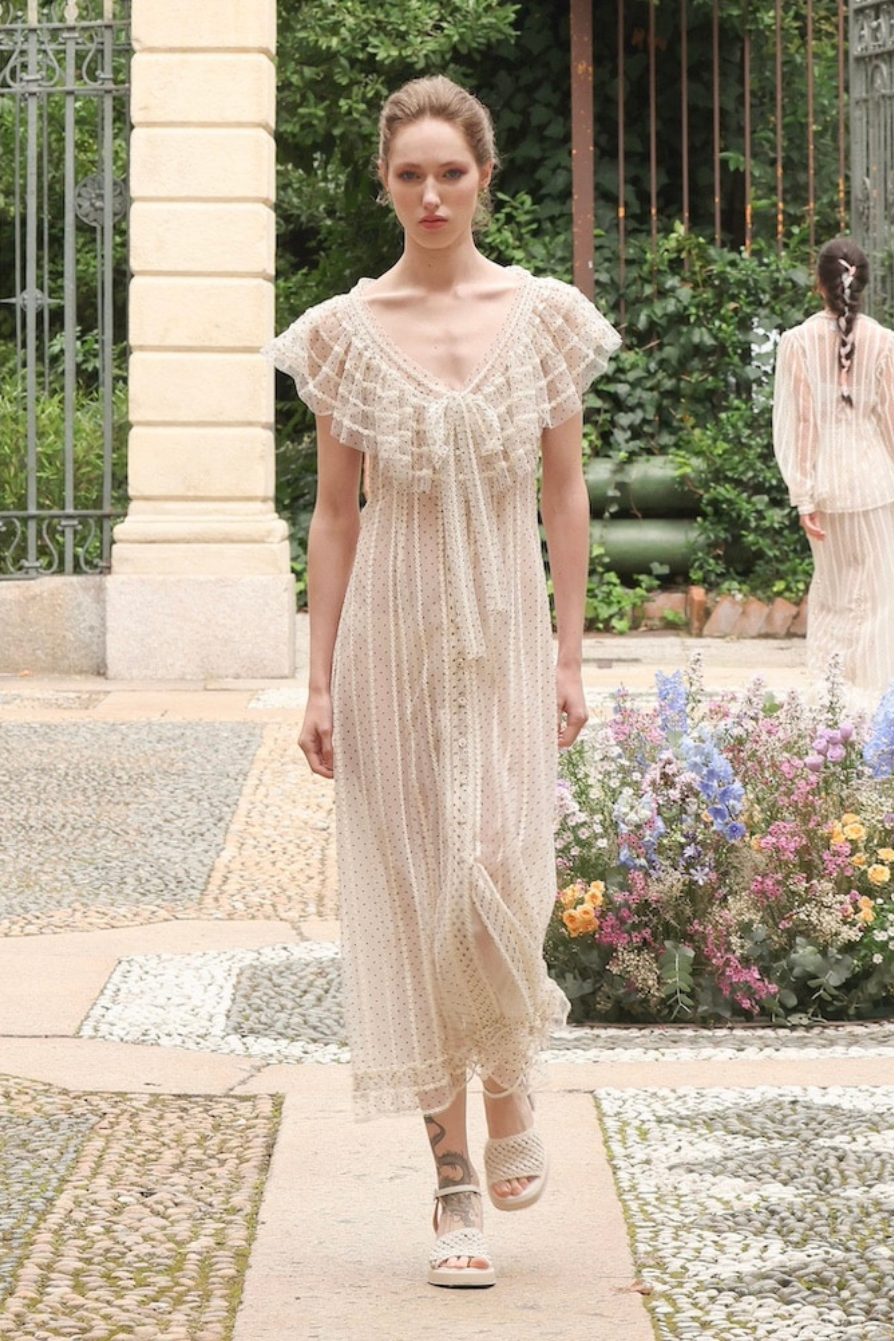 Luisa Beccaria Polka-Dot Embroidered Flounced Dress