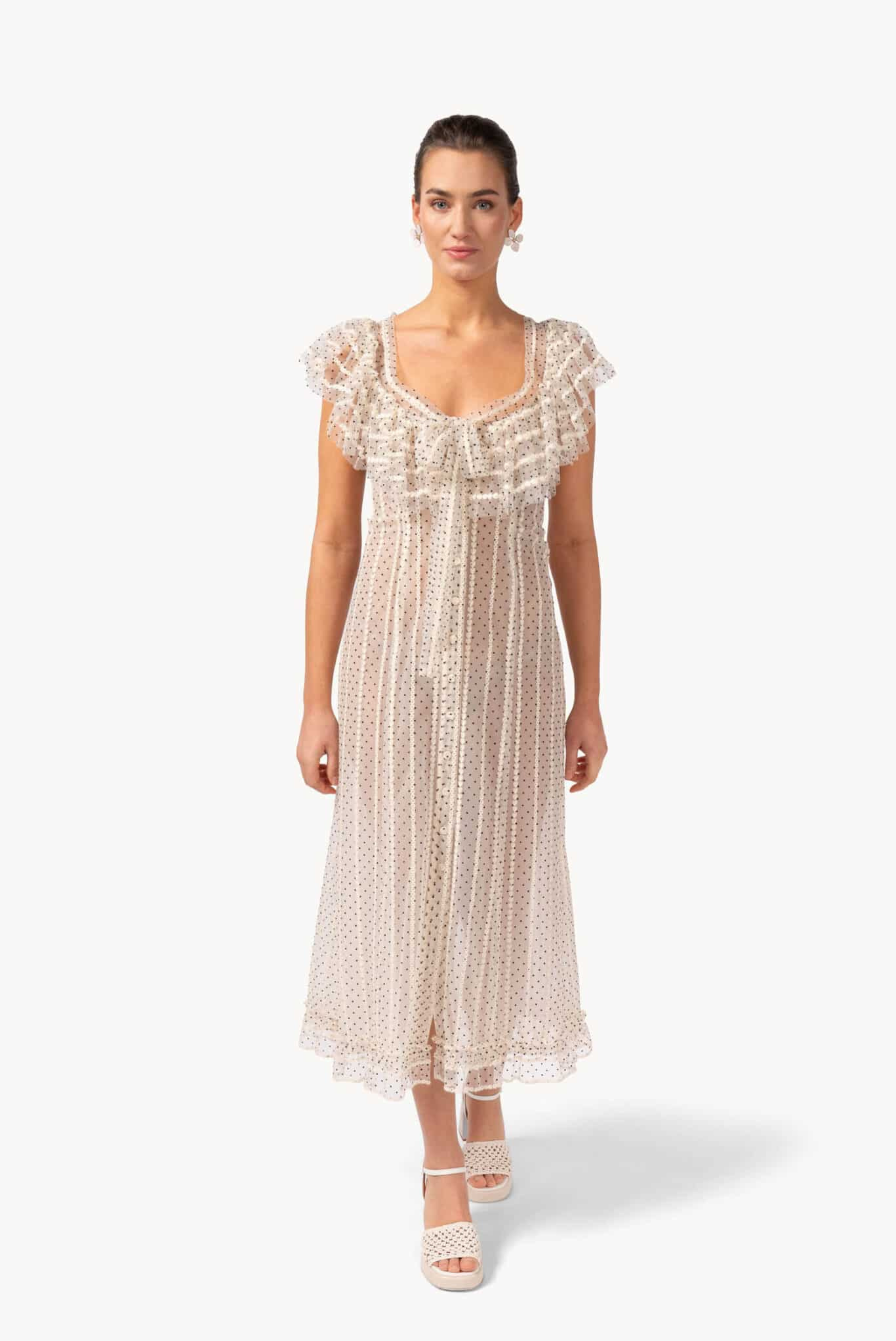 Luisa Beccaria Polka-Dot Embroidered Flounced Dress