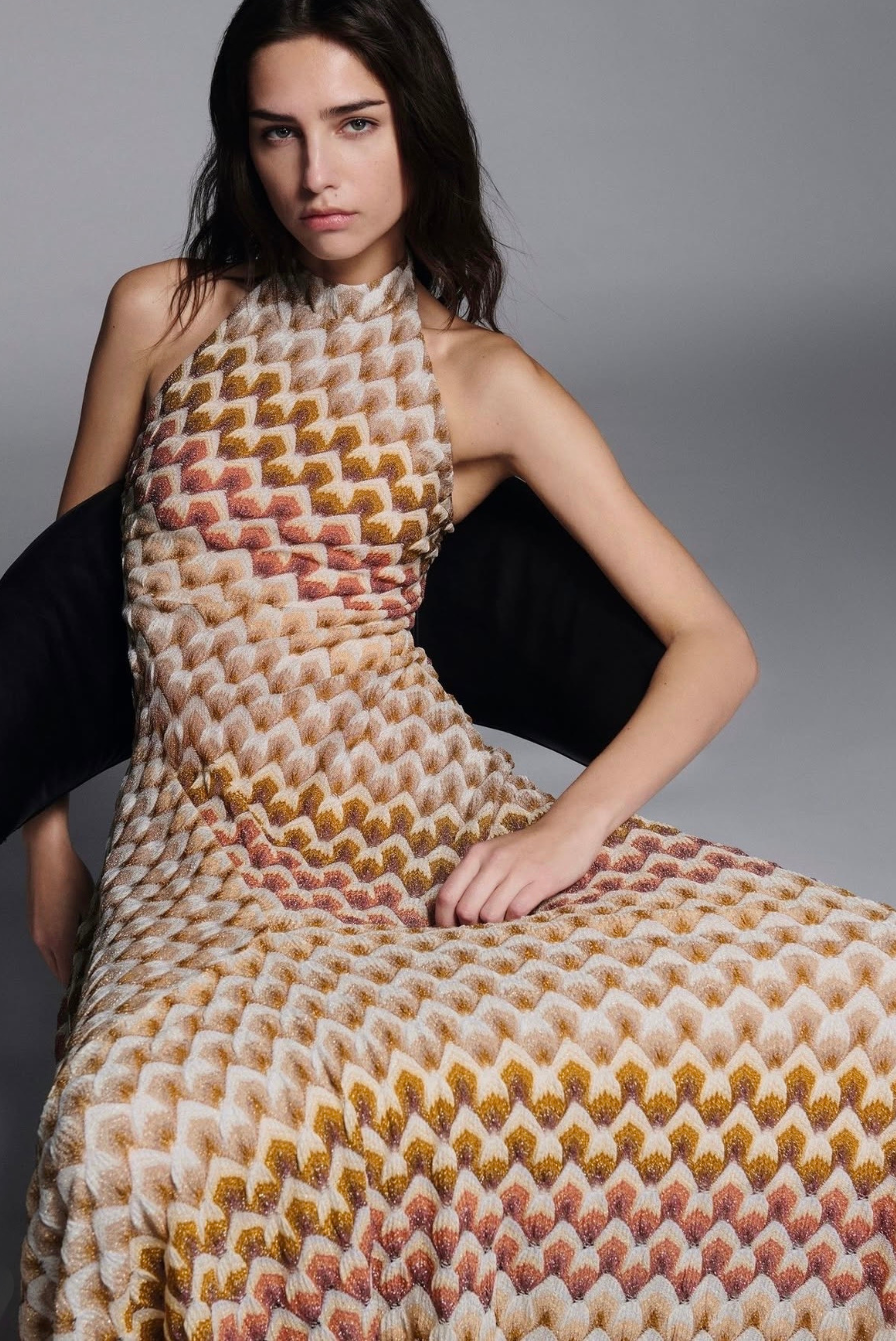 Missoni Long High Neck Dress Gold and Beige on White Base 