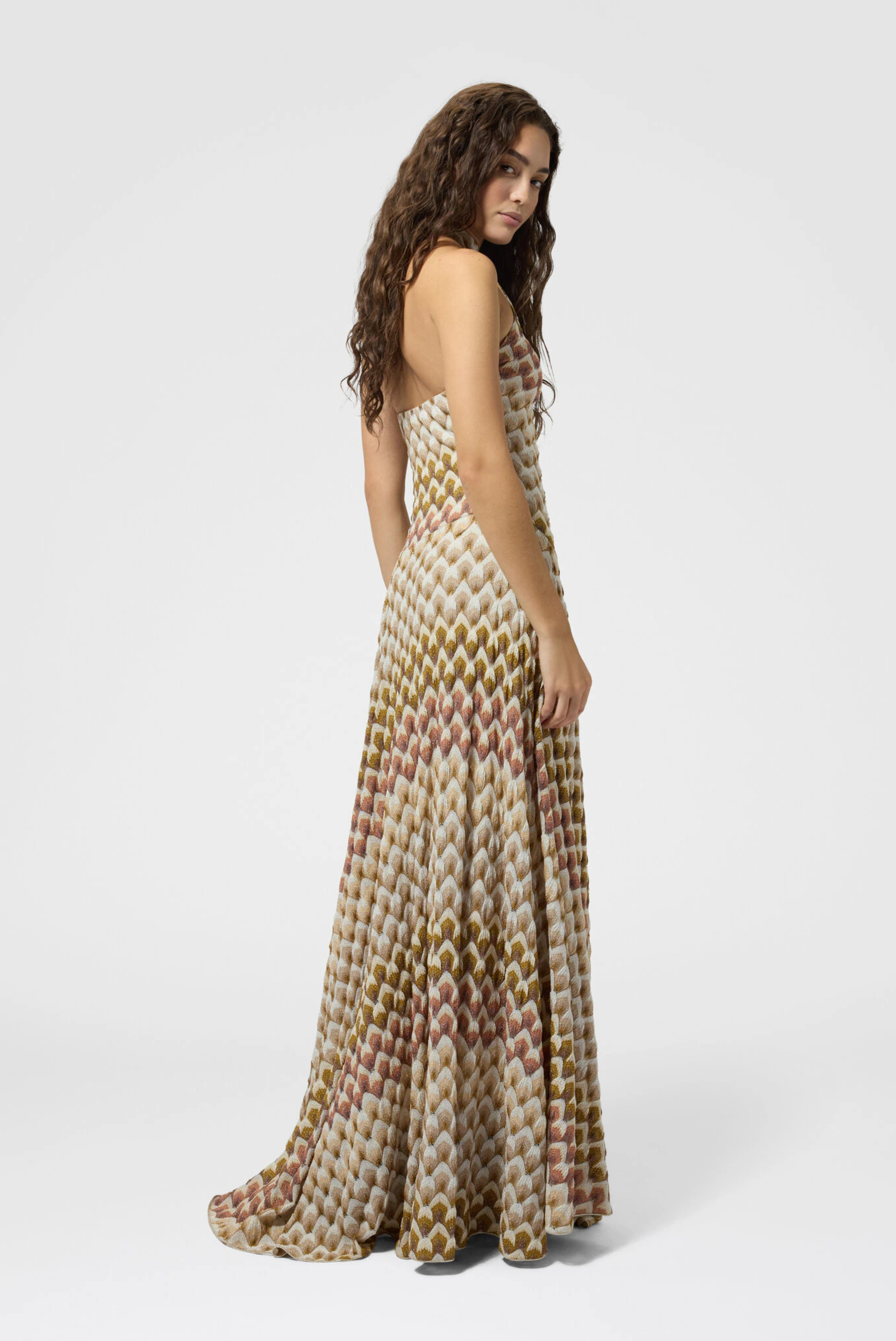 Missoni Long High Neck Dress Gold and Beige on White Base 