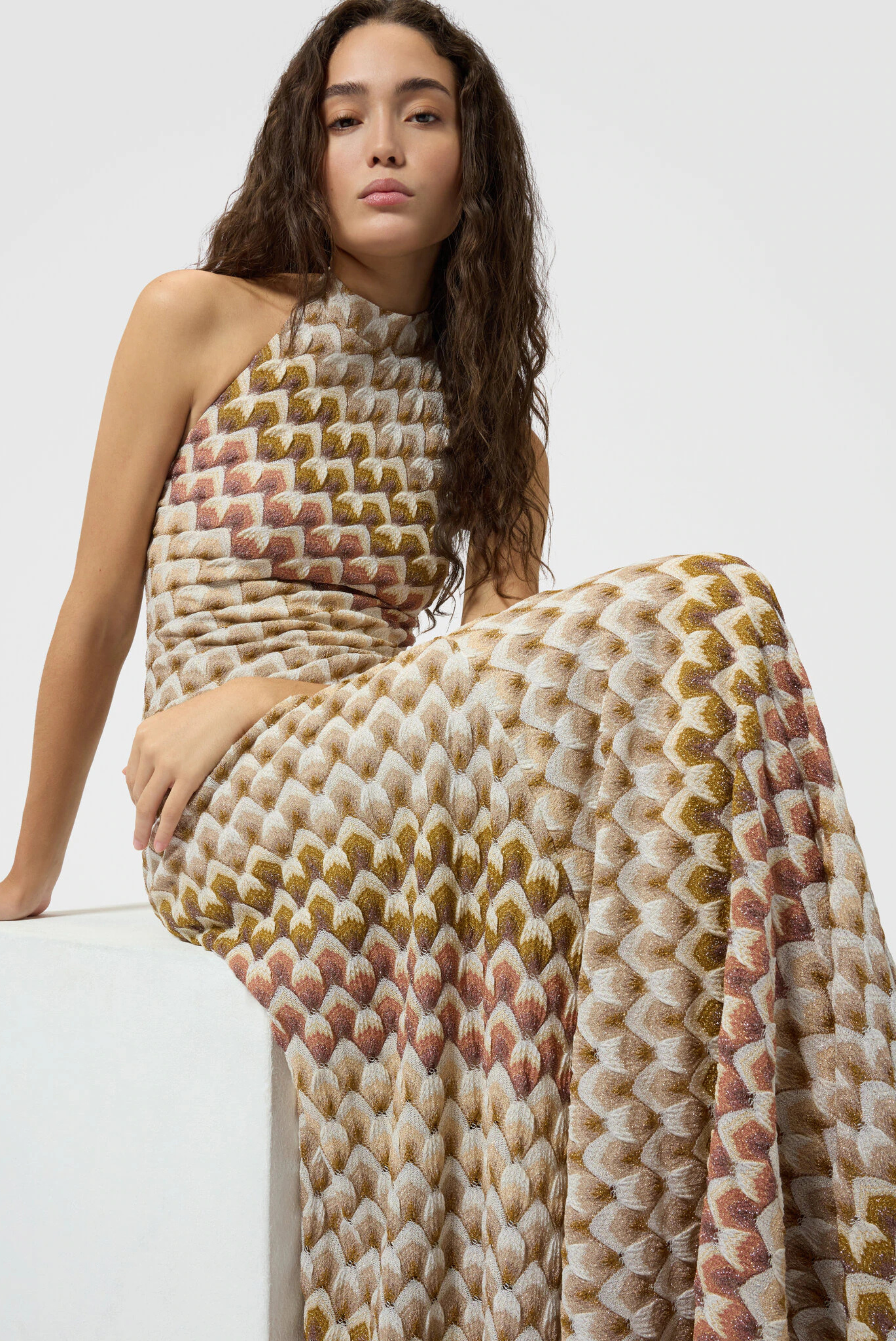 Missoni Long High Neck Dress Gold and Beige on White Base 