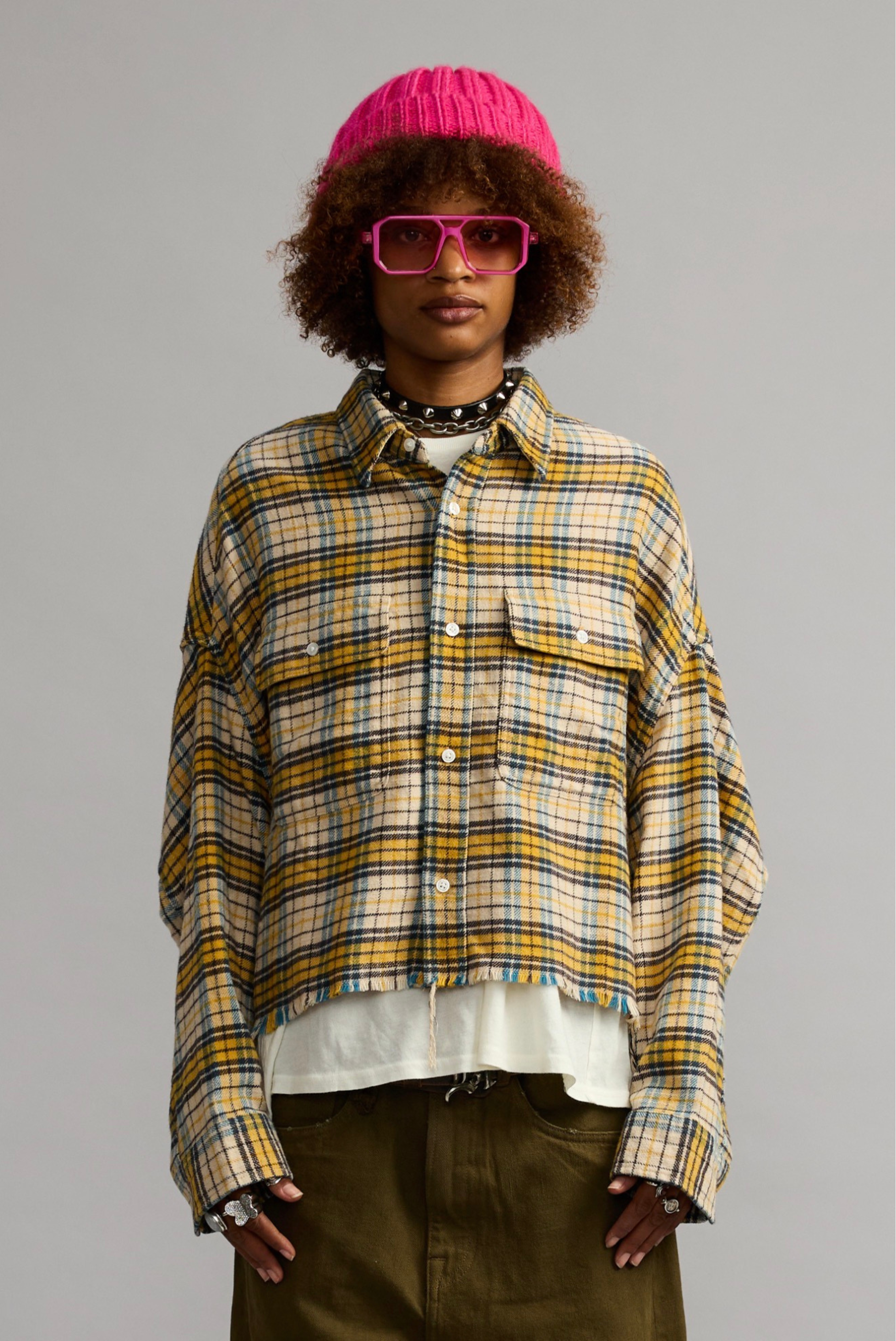 R13 Cropped Work Shirt Yellow Plaid