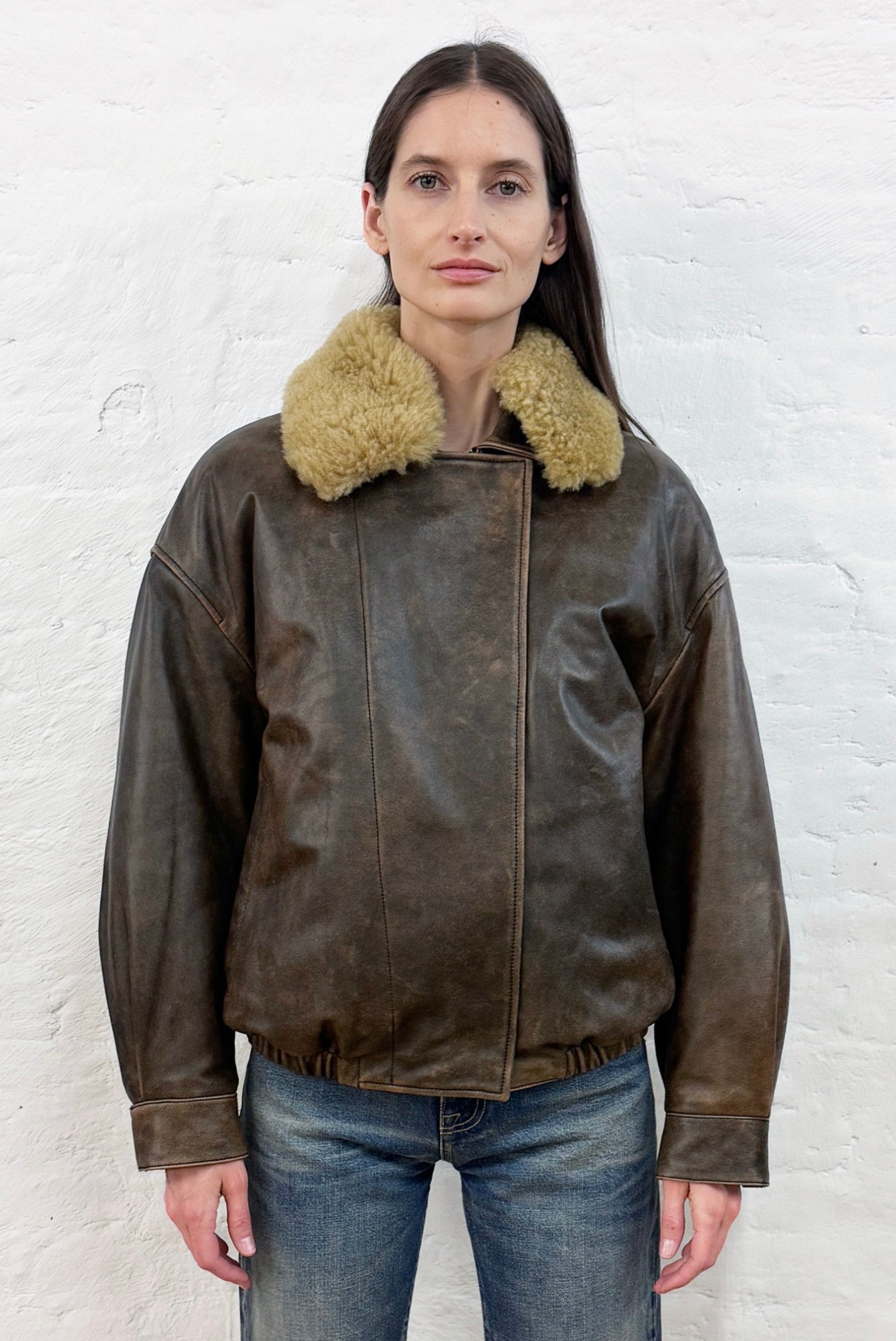 R13 Removable Collar Leather Bomber Brown